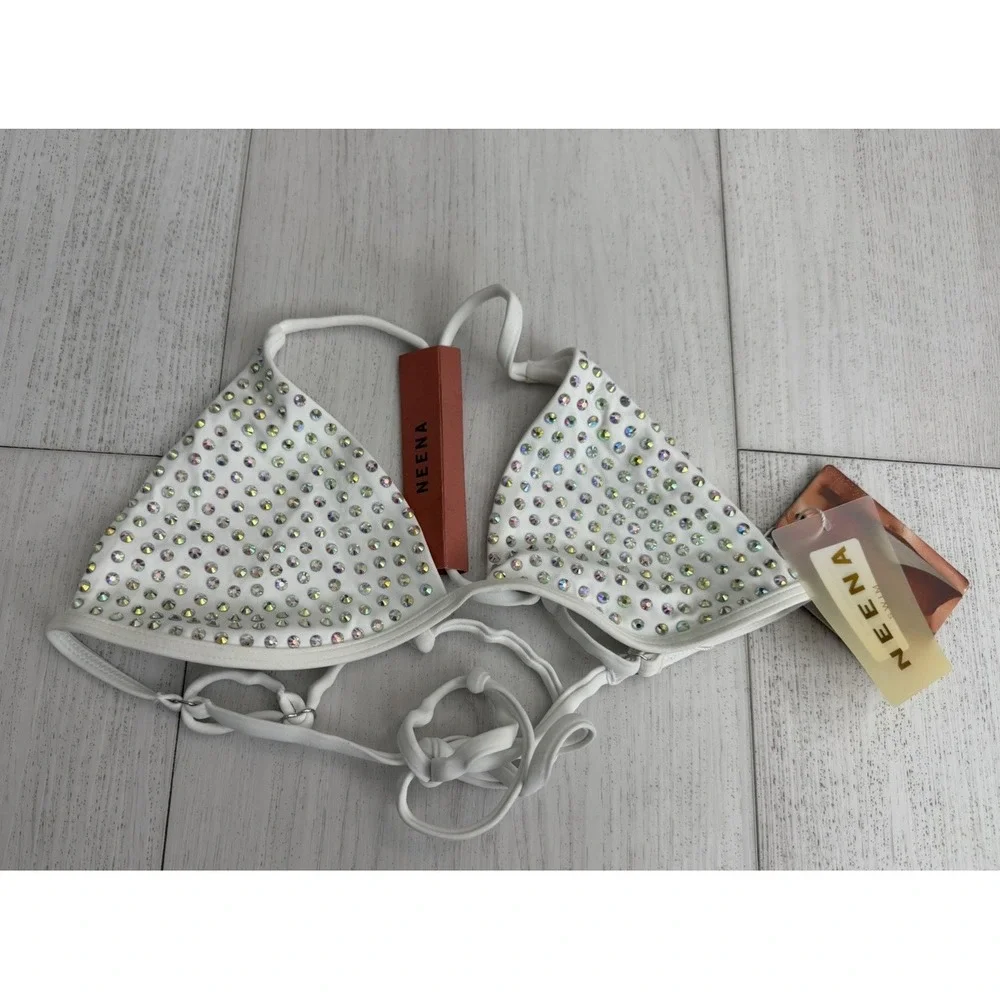 NWT Neena Triangle Bikini Top‎ Sz S White Rhinestones